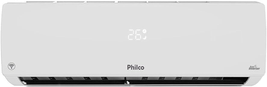 Unidade interna branca do ar-condicionado Split Inverter Philco 30000 BTUs, visor digital 26°C, logo Philco e selo Eco Inverter.