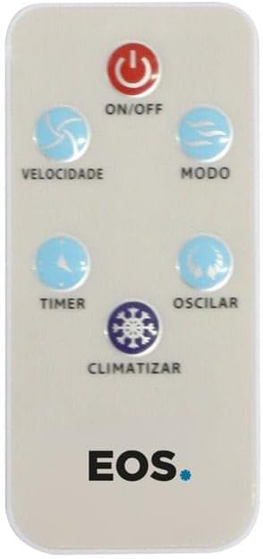 Controle remoto branco para climatizador EOS com botões coloridos e funções em português