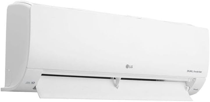 Unidade interna do ar-condicionado LG Dual Inverter em vista lateral direita com saída de ar aberta.