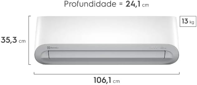 Unidade interna do ar-condicionado Electrolux dimensões 106,1x35,3x24,1 cm peso 13 kg fundo branco.
