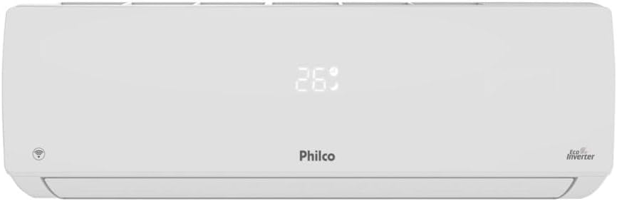 Unidade interna branca do ar condicionado Philco Split Hi Wall Eco Inverter 18.000 BTU/h vista frontal.