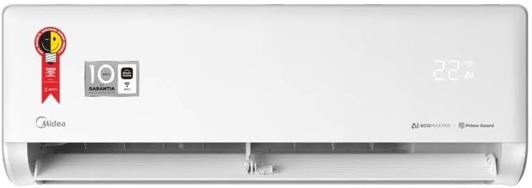 Unidade interna branca do ar-condicionado Split Inverter Midea com selo garantia e display digital.