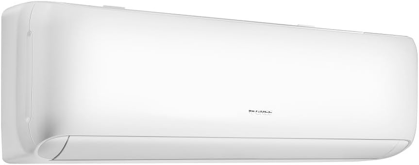 Unidade interna ar-condicionado Fujitsu branca de design arredondado.