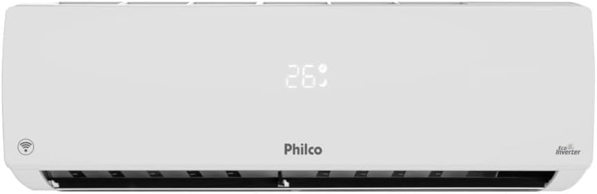 Ar condicionado Philco Split Hi Wall Eco Inverter com visor digital e ícone Wi-Fi visíveis na unidade interna.
