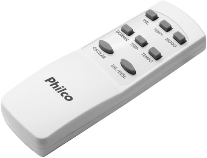 Controle remoto branco Philco para ar-condicionado portátil com botões funcionais.