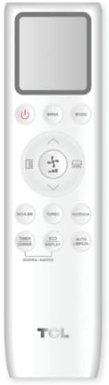 Controle remoto branco para ar condicionado TCL com tela e vários botões de controle.