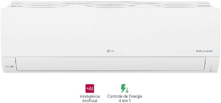 Unidade interna do ar condicionado LG Dual Inverter com ícones de inteligência artificial e controle de energia 4 em 1.