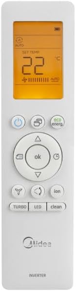 Controle remoto branco com tela amarela para ar condicionado Midea Split Inverter.