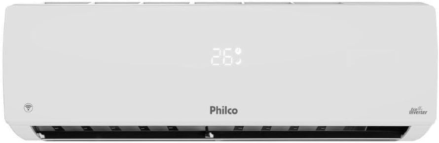 Frontal da unidade interna do ar condicionado Philco 24000 Btu mostrando display digital e ventilação aberta.