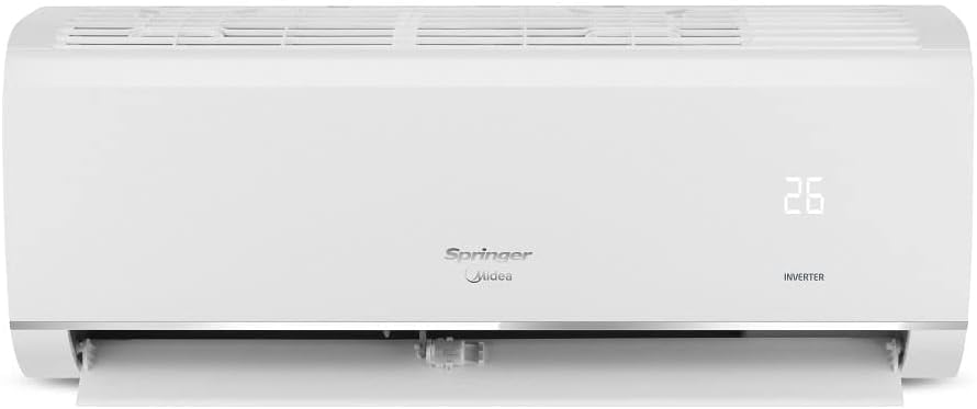 Unidade interna branca do ar condicionado Springer Midea com display digital e tecnologia inverter.