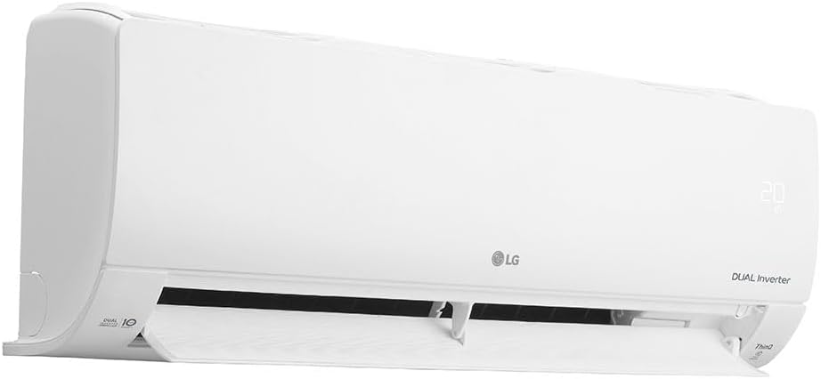Unidade interna ar condicionado LG Dual Inverter branco vista lateral com saída de ar aberta
