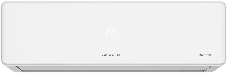 Unidade interna branca do ar condicionado Agratto split com display digital e logos.