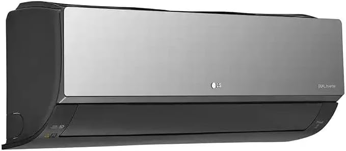 Vista lateral detalhada do ar-condicionado LG DUAL Inverter Voice +AI ARTCOOL 18.000 BTU, modelo ARTCOOL cinza escuro.