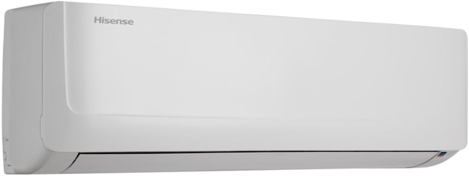 Unidade interna branca do ar condicionado split Hisense Hi Wall Inverter 12.000 BTU/h visão lateral.