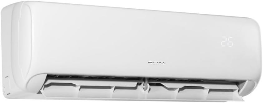 Ar condicionado split Gree G-Top 9000 BTU vista lateral com saída de ar aberta e display digital.