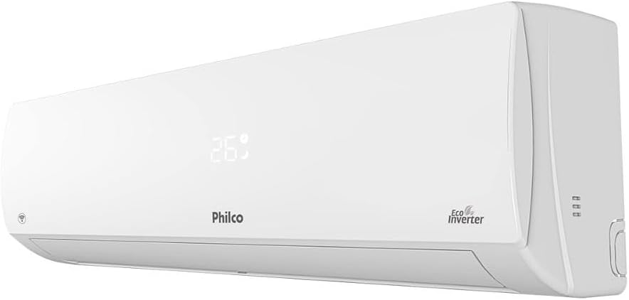 Ar condicionado Philco Eco Inverter 12000 Btus branco vista lateral com display digital