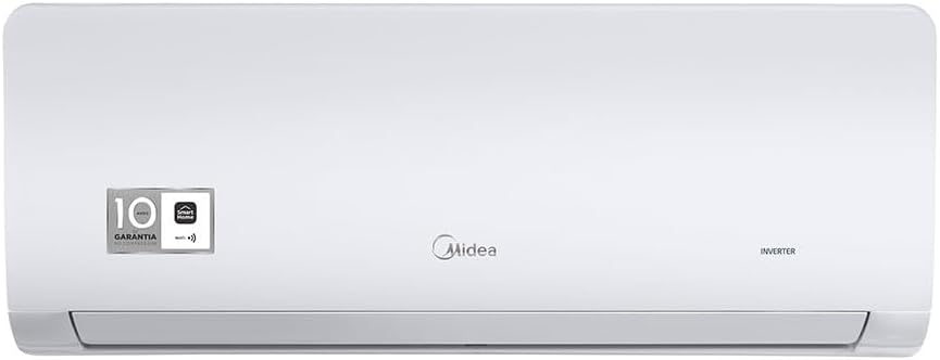 Unidade interna branca do ar condicionado Split Hi Wall Inverter Midea com selo de 10 anos de garantia.