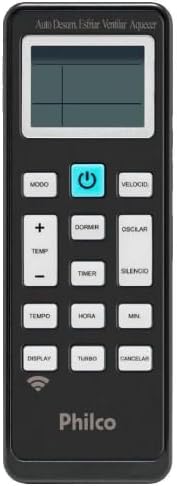 Controle remoto preto do ar condicionado Philco com botões multifunções e display digital.
