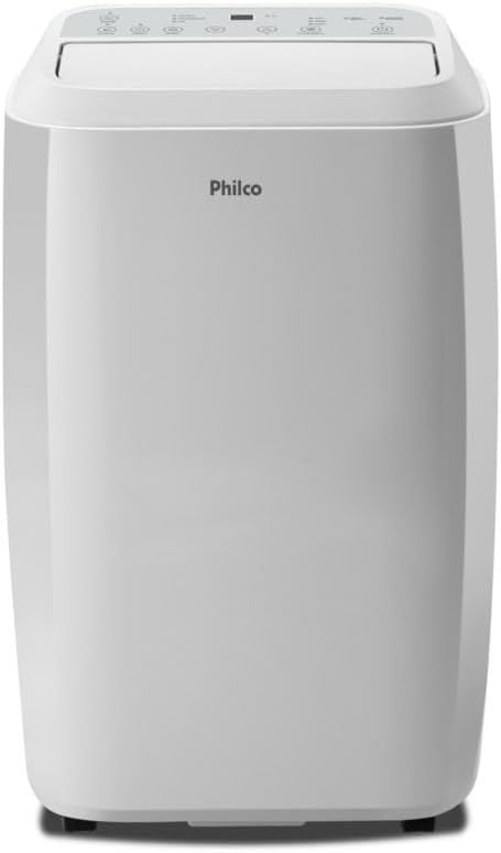 Ar-condicionado portátil Philco 12000 BTUs frontal branco com painel superior.