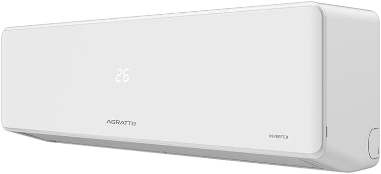 Unidade interna branca de ar condicionado Agratto split com display digital vista em ângulo.