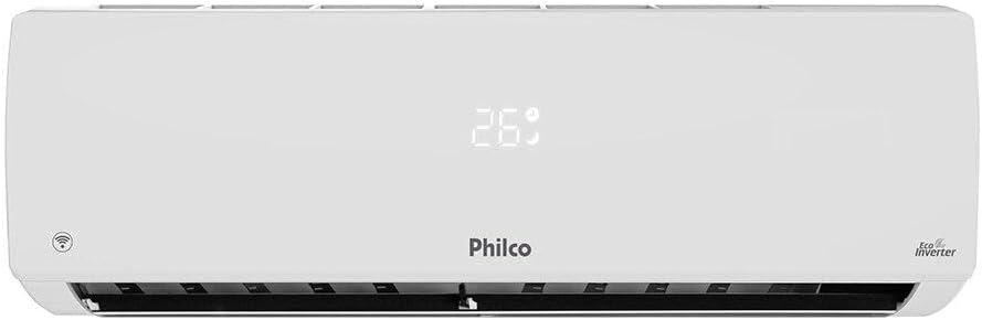 Unidade interna branca frontal do Ar-condicionado Split Inverter Philco com grade aberta e display digital
