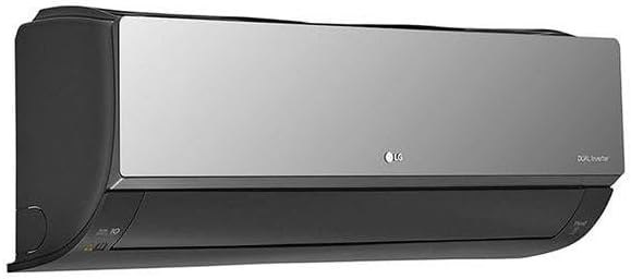 Ar condicionado LG Dual Inverter vista lateral esquerda cinza e preto com selo ThinQ