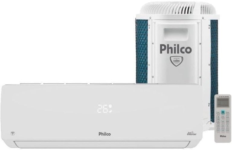 Ar condicionado inverter Philco 12000 BTUs branco com display digital e unidade externa azul e branca