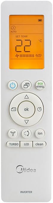 Controle remoto branco do ar condicionado Midea com display digital laranja e botões multifuncionais.