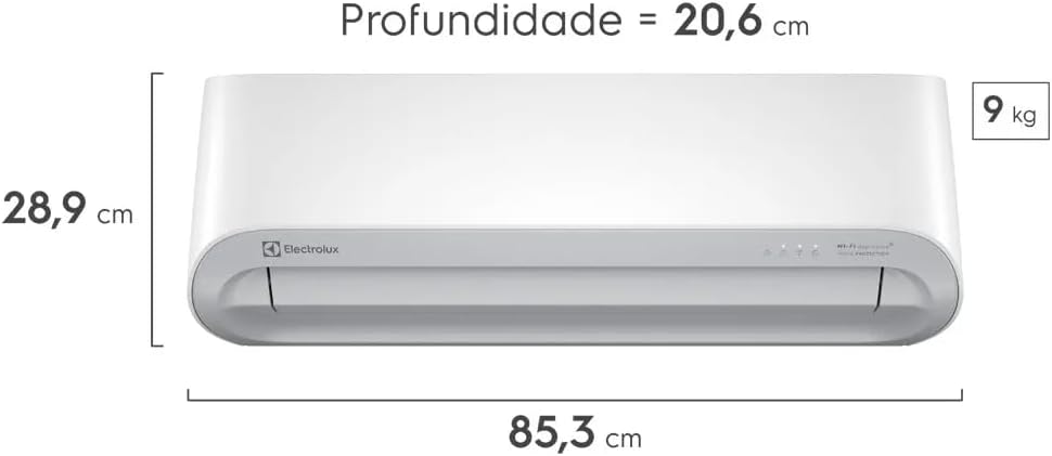 Dimensões do ar-condicionado Electrolux Split 12.000 BTUs mostrando comprimento, altura, profundidade e peso.
