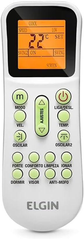 Controle remoto branco do ar-condicionado Elgin com tela digital laranja e botões variados