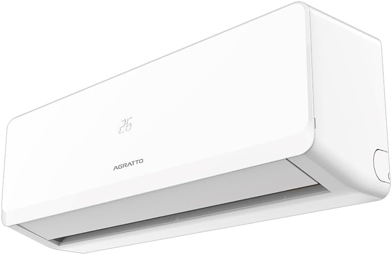 Unidade interna branca do ar-condicionado split Agratto Fit Top 12.000 BTUs vista angular esquerda