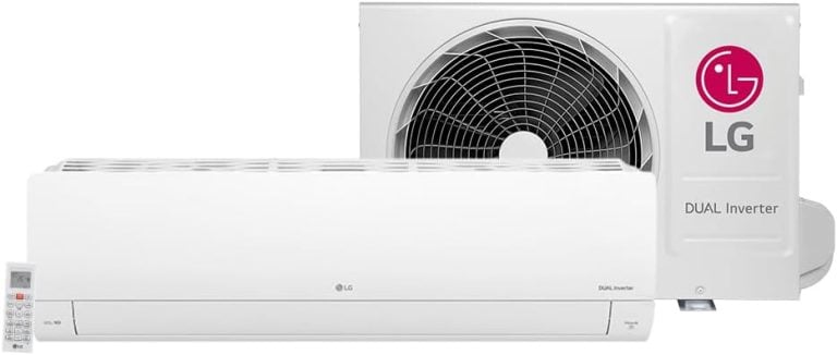 Ar condicionado LG Dual Inverter Compact+AI 12K BTU com unidade interna branca e unidade externa com ventilador.