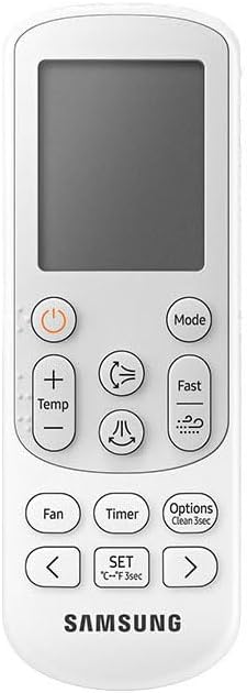 Controle remoto branco para ar condicionado Samsung com tela e múltiplos botões funcionais.