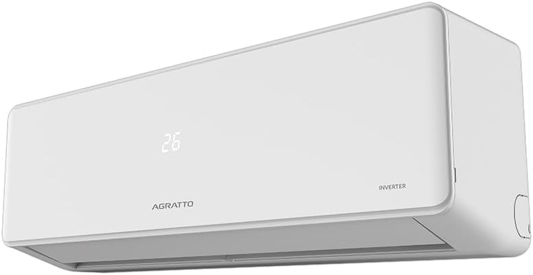 Ar condicionado Agratto split branco, unidade interna vista lateral com display digital.