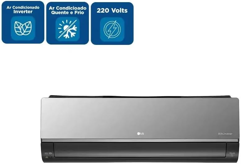 Painel frontal do ar-condicionado LG DUAL Inverter Voice +AI ARTCOOL 18.000 BTU com ícones das características inverter, quente e frio, 220V.
