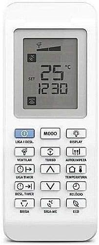 Controle remoto branco para ar condicionado split Electrolux Inverter com tela LCD e botões funcionais visíveis.