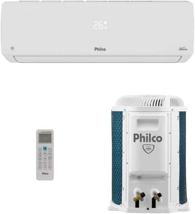 Ar-condicionado Split Philco modelo PAC12000IFM15 com unidade interna, controle remoto e unidade externa.