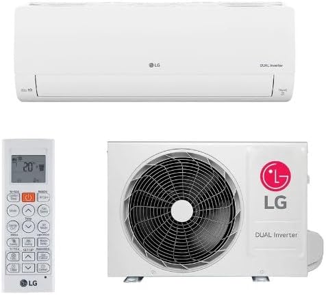 Ar condicionado LG Dual Inverter Voice 24.000 BTUs branco com controle remoto e unidade externa.