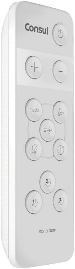 Controle remoto para ar condicionado Consul branco visto em ângulo com botões funcionais