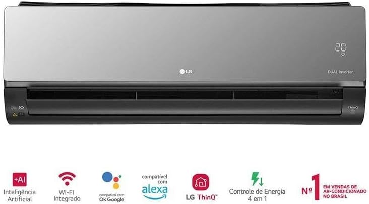 Ar condicionado LG Dual Inverter AI 12.000 BTUs quente/frio com ícones de funcionalidades e venda Brasil