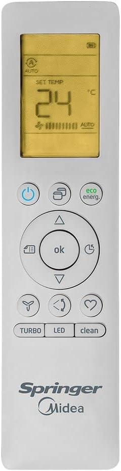 Controle remoto branco do ar condicionado Springer Midea com tela LCD mostrando temperatura e múltiplos botões funcionais.