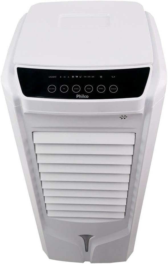 Climatizador Philco PCL14F 3 em 1 branco visto de cima com painel de controle touch.
