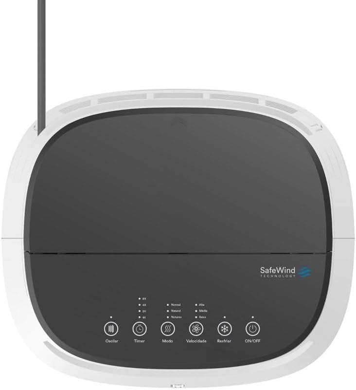Painel de controle do climatizador EOS Arctic Fresh com botões sensíveis ao toque e tecnologia SafeWind.