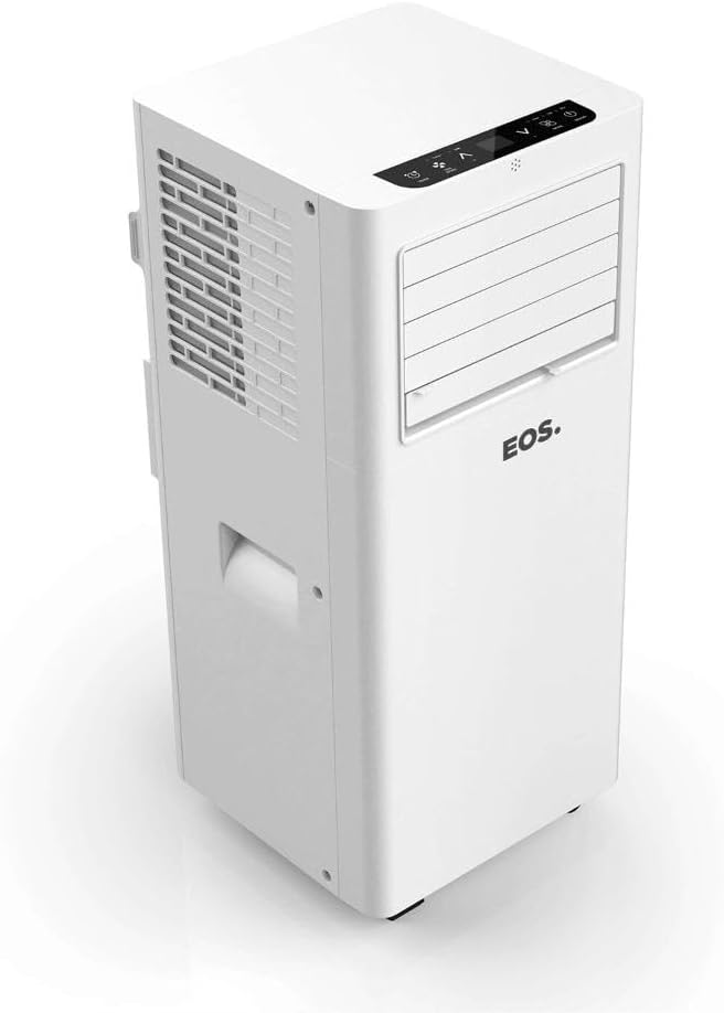 Ar-condicionado portátil branco EOS vista em perspectiva superior esquerda com painel frontal e alça lateral