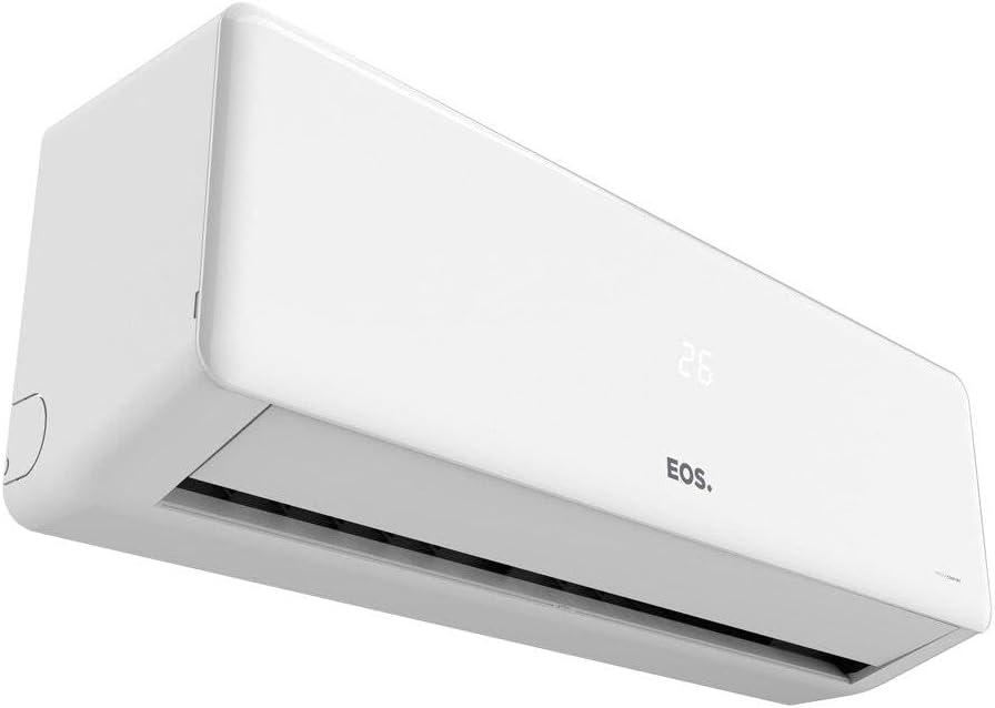 Unidade interna de ar-condicionado split EOS branca vista em percepção inferior.