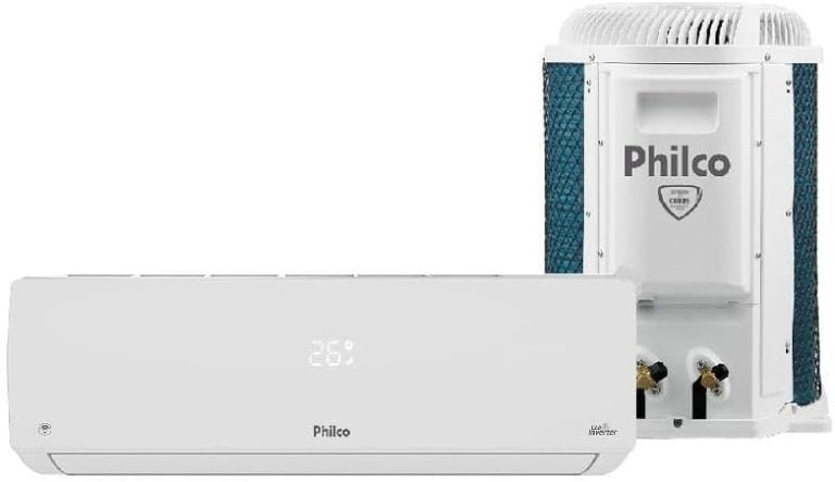 Ar condicionado Philco Inverter 12000 Btus com unidade externa branca e laterais azuis