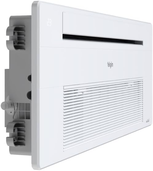 Unidade interna lateral com detalhe estrutural do ar condicionado split cassete Elgin One Air 12000 BTU/h branco.