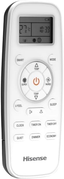 Controle remoto utensílisado para ar condicionado Hisense com display LCD e múltiplos botões funcionais.