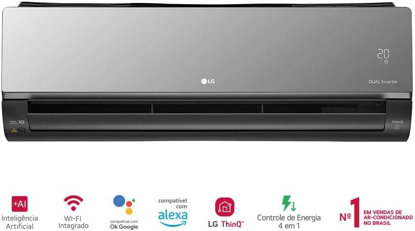 Ar condicionado LG Artcool 12000 BTU/h com visor digital, funcionalidades inteligentes e conexão Wi-Fi integrada.