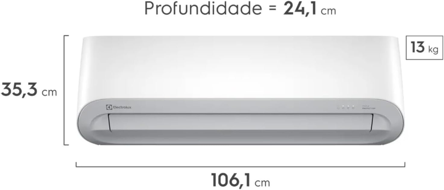 Dimensões do ar-condicionado Electrolux Color Adapt 18.000 BTUs, largura 106,1 cm, altura 35,3 cm e profundidade 24,1 cm.